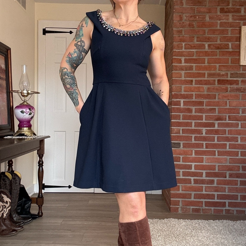 Vintage Betsey Johnson Navy Blue Mini Dress Embellished Jewel Neckline Y2K